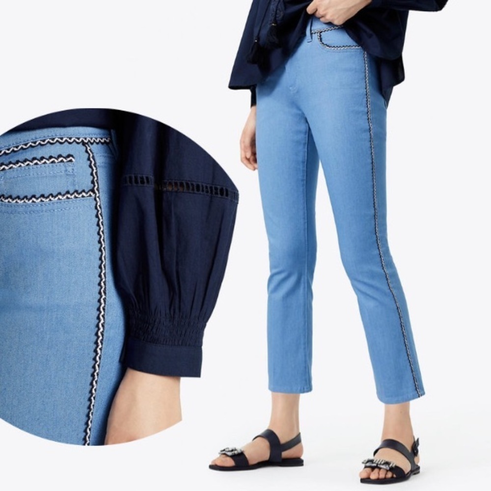 Tory Burch ||‎ Jodie Jeans in Rinse Wash Ric Rac Knit Trim 25